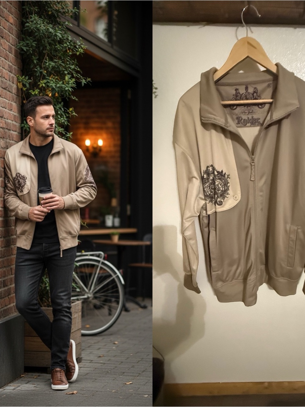 Raider Jean Co. Men’s XL Y2K Track Jacket Full Zip Crest Graphic Tan Brown